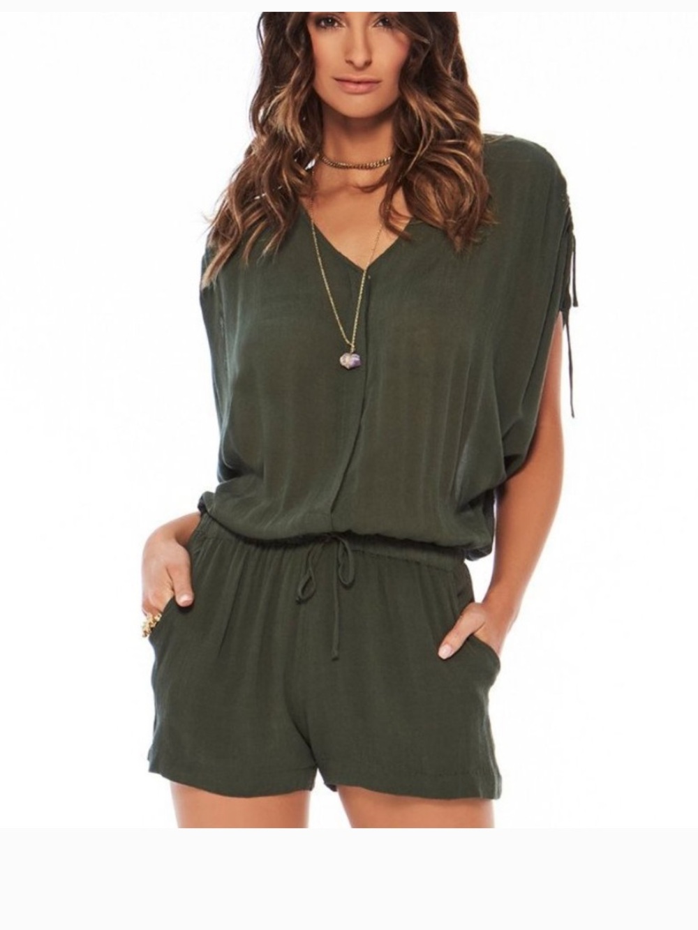 Olive Green V-Neck Drawstring Romper